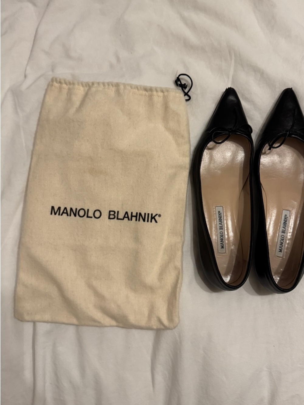 Manolo Blahnik Black Pointed Toe Leather Flats with Bow